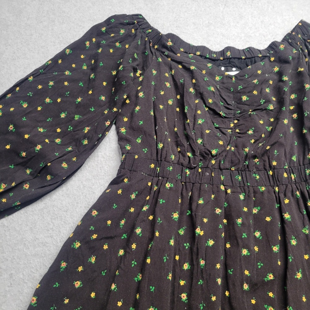 Anthropologie Summer Puff Sleeve Smocked Floral Print Dress Size 2P Black
